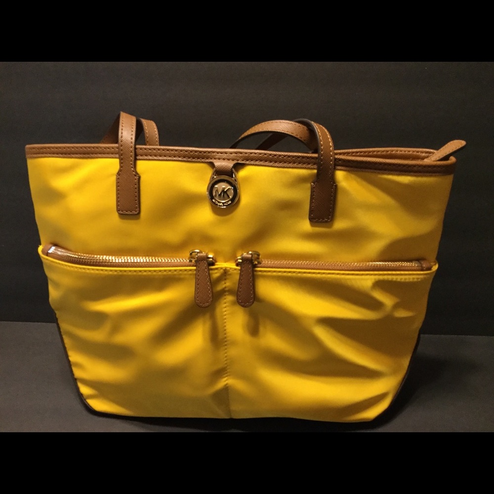 NWOT Michael Kors Gold Nylon/Brown Leather Purse